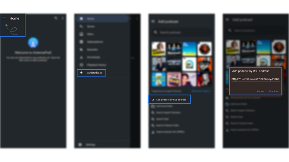 Pri aplikácii AntennaPod najprv vyberieme tri prúžky vľavo hore, potom poslednú možnosť v hornej časti “Add podcast”, následne hneď pod obrázkami “Add podcast by RSS address” a vložíme link.